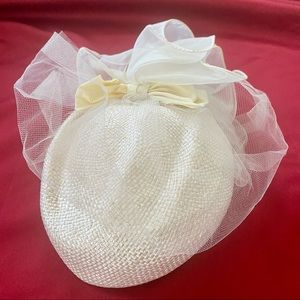 Vintage Veiled Cream/ White Bridal Calot Hat with Large Satin/Tulle Bow